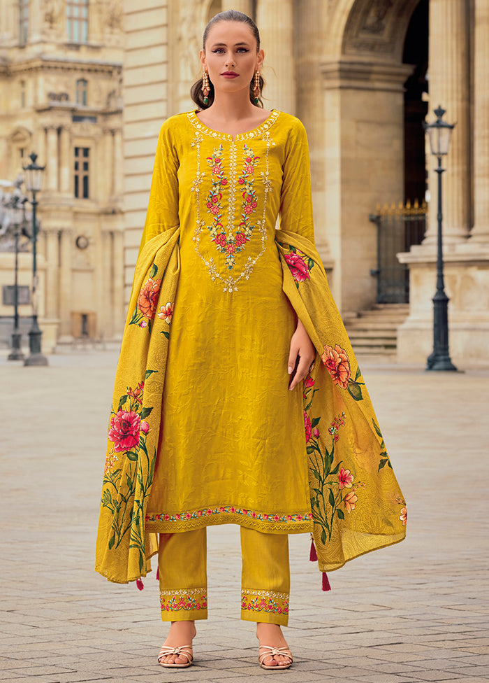 3 Pc Yellow Readymade Viscose Dupatta Suit Set