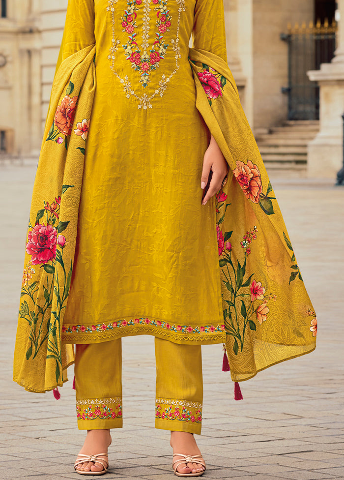 3 Pc Yellow Readymade Viscose Dupatta Suit Set