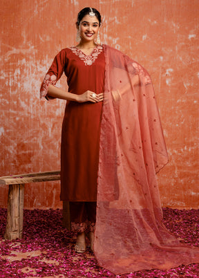 3 Pc Orange Readymade Silk Dupatta Suit Set
