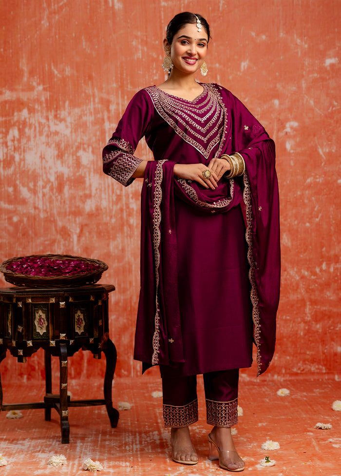 3 Pc Purple Readymade Viscose Dupatta Suit Set