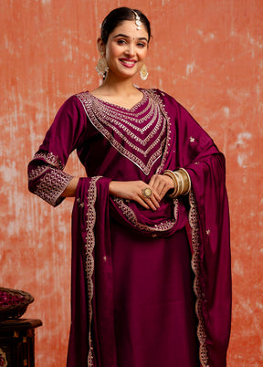 3 Pc Purple Readymade Viscose Dupatta Suit Set