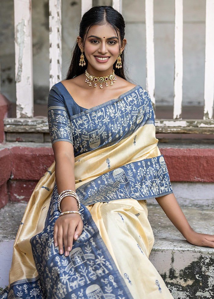 Blue Dupion Silk Saree With Blouse Piece