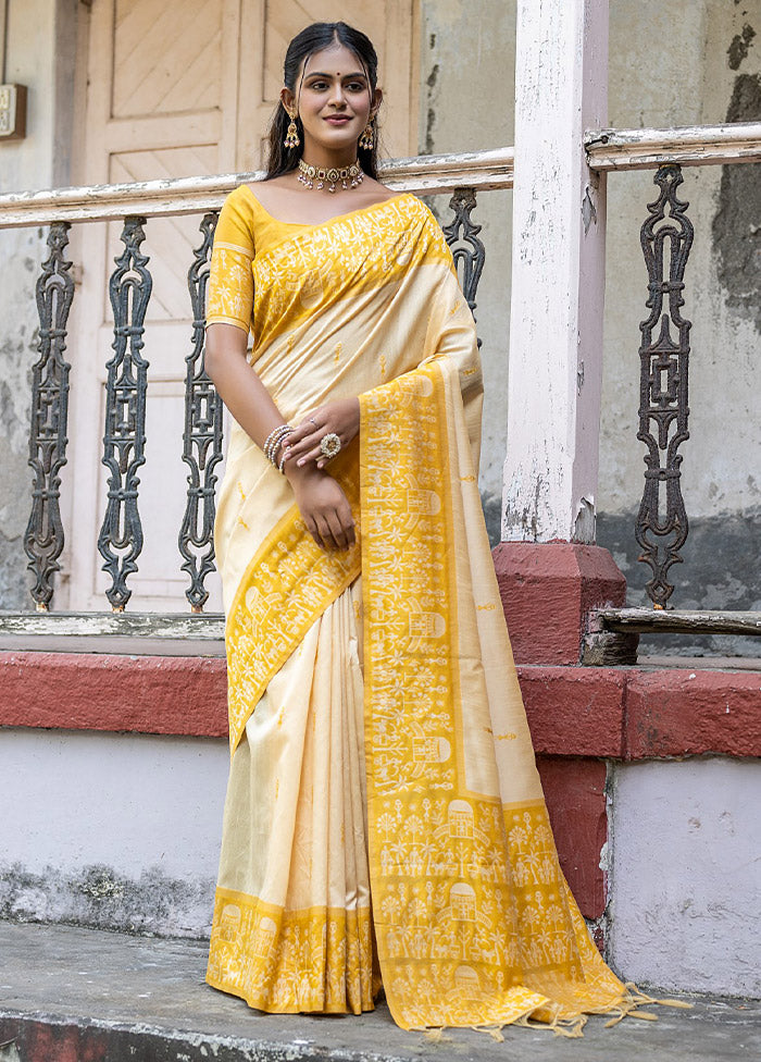 Yellow Dupion Silk Saree With Blouse Piece