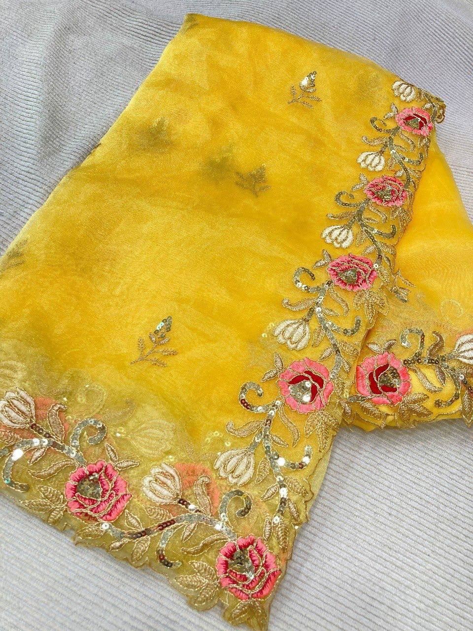 Yellow Organza Saree With Blouse Piece