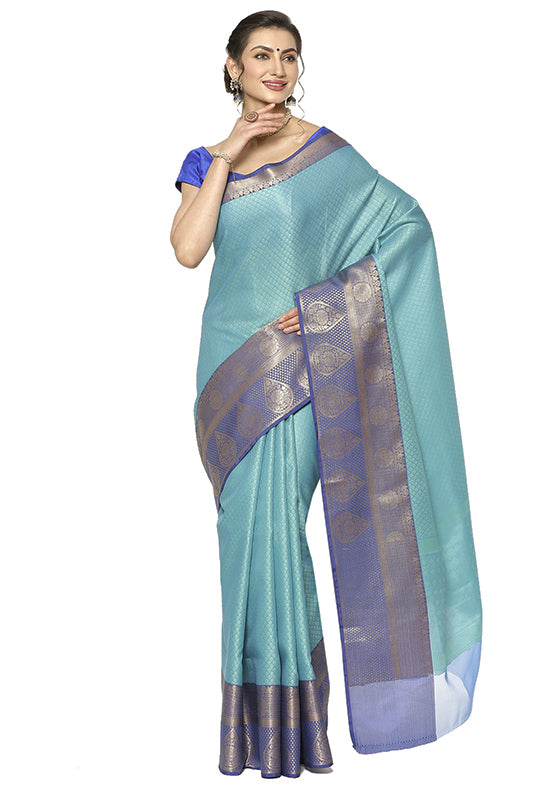 Turquoise Blue Silk Saree With Blouse Piece - Indian Silk House Agencies