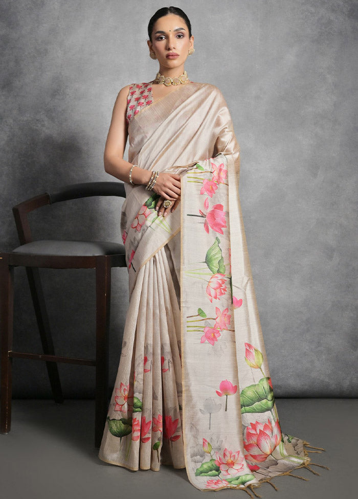 Cream Tussar Silk Saree With Blouse Piece