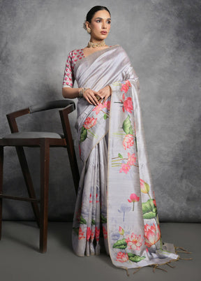 Grey Tussar Silk Saree With Blouse Piece