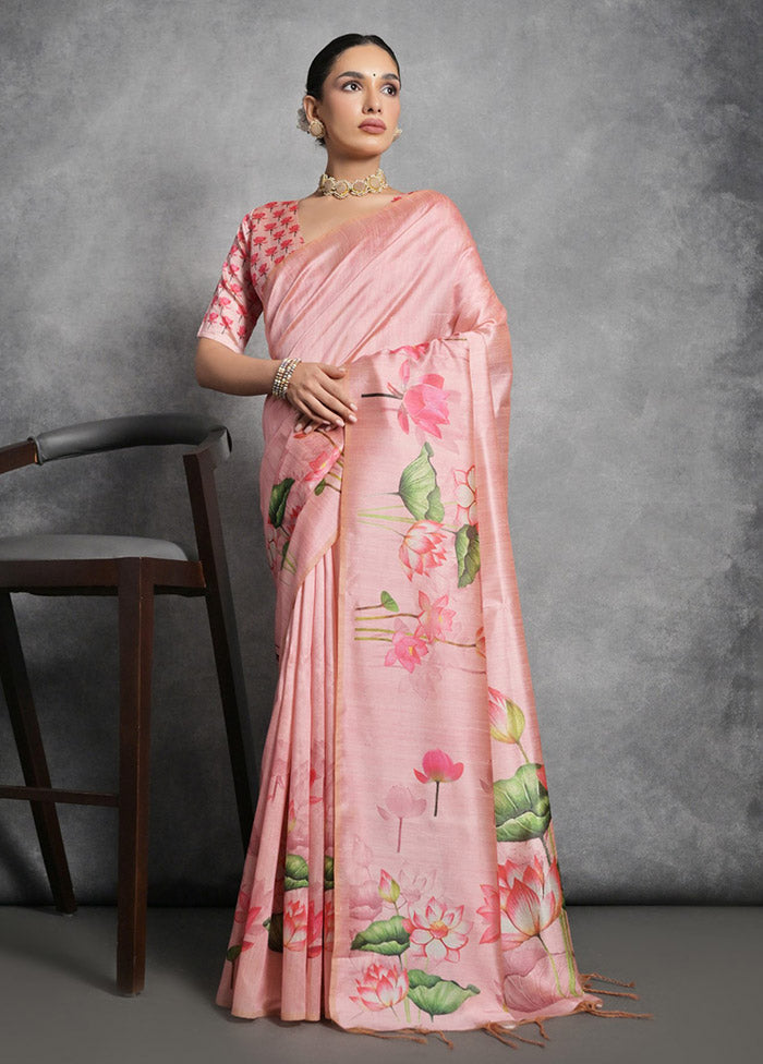 Peach Tussar Silk Saree With Blouse Piece