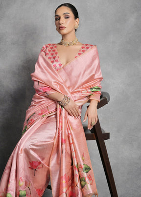 Peach Tussar Silk Saree With Blouse Piece