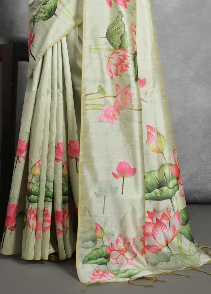 Pista Green Tussar Silk Saree With Blouse Piece