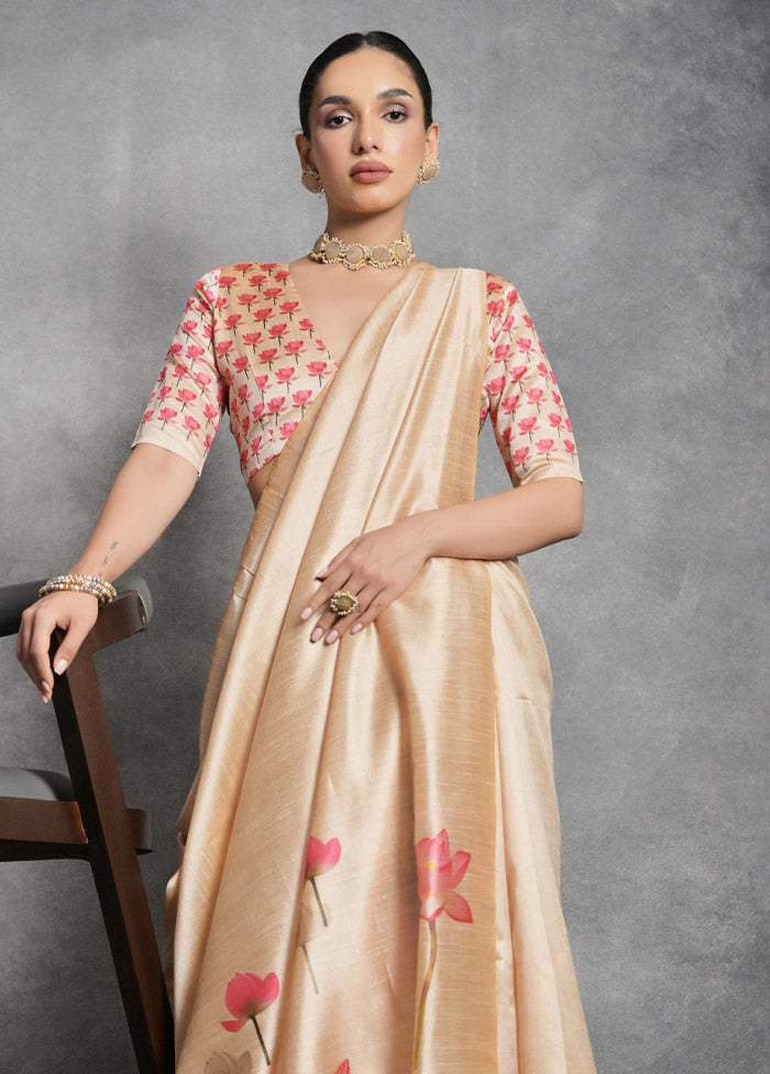 Cream Tussar Silk Saree With Blouse Piece