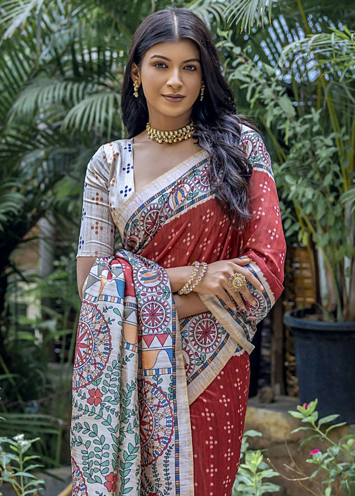 Red Tussar Silk Saree With Blouse Piece