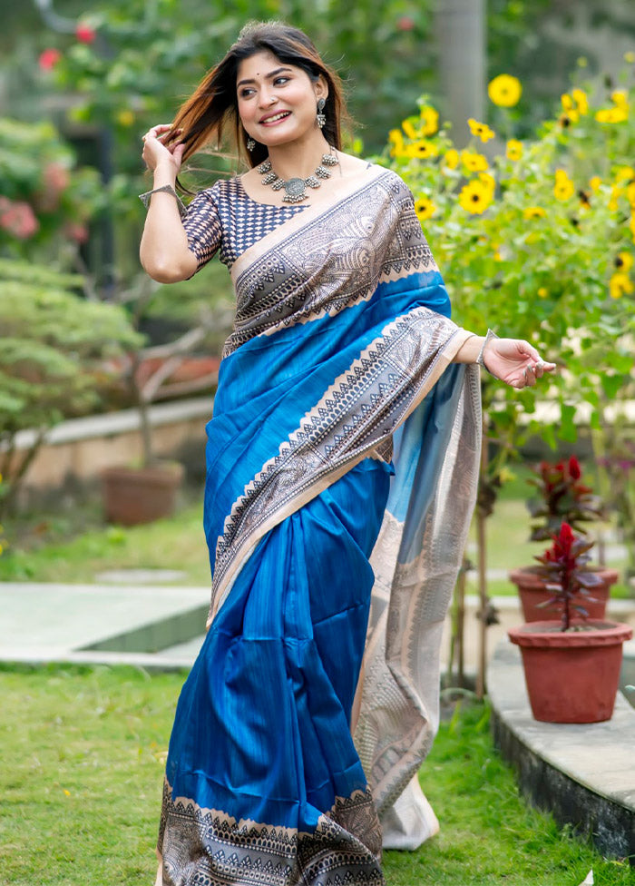 Blue Tussar Silk Saree With Blouse Piece