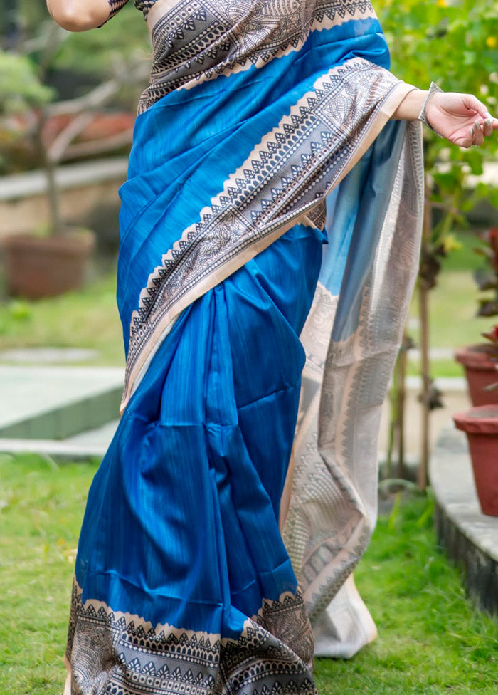 Blue Tussar Silk Saree With Blouse Piece