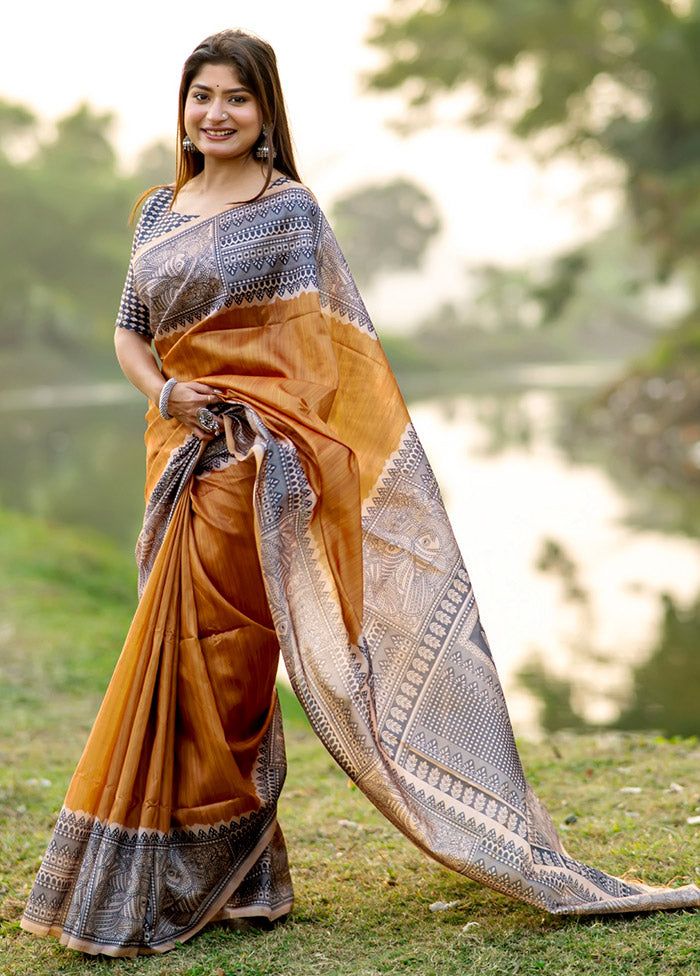 Mustard Tussar Silk Saree With Blouse Piece