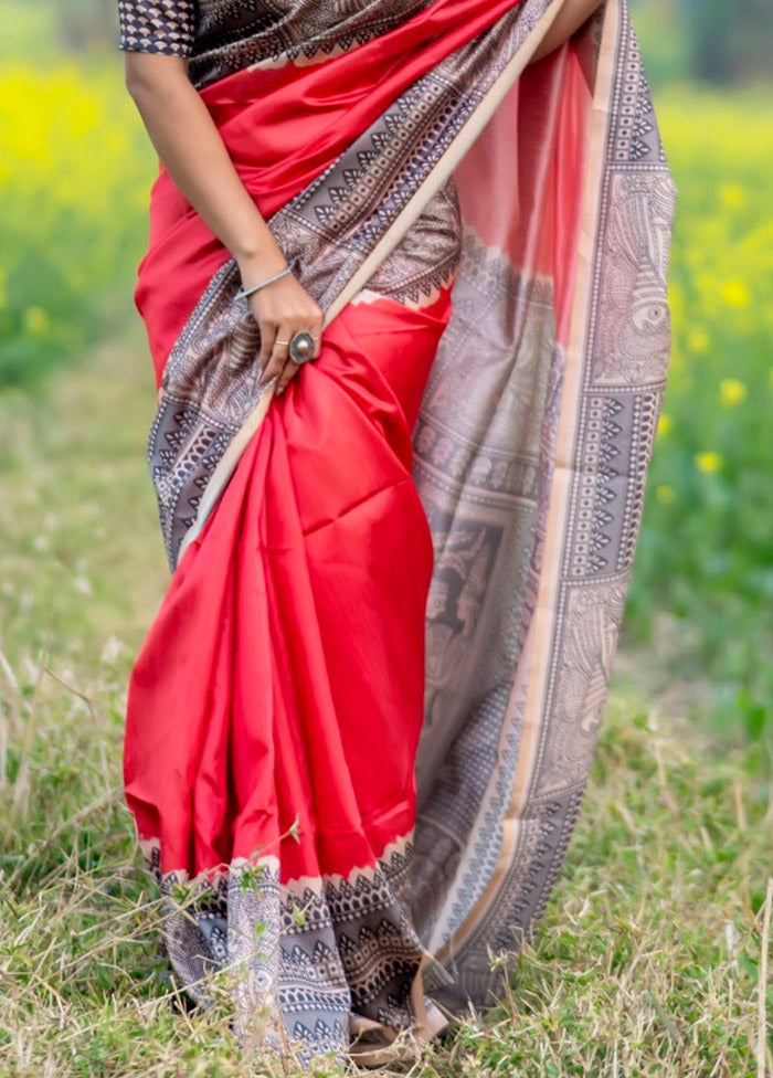 Red Tussar Silk Saree With Blouse Piece