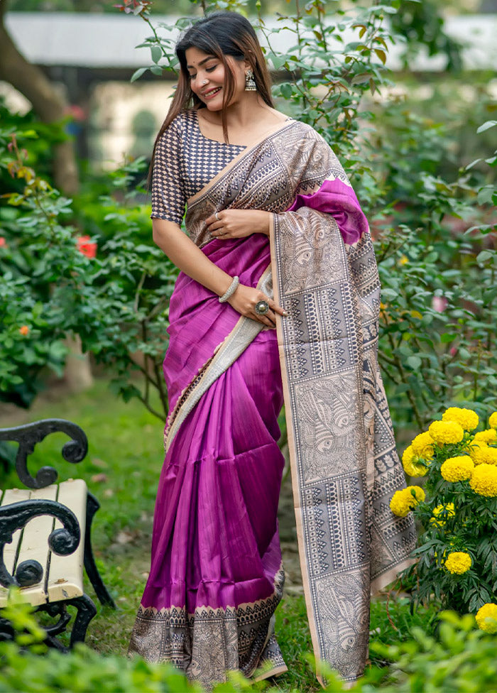 Wine Tussar Silk Saree With Blouse Piece