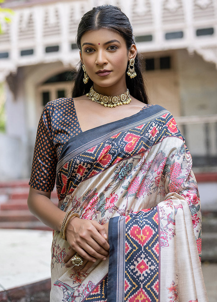 Cream Tussar Silk Saree With Blouse Piece