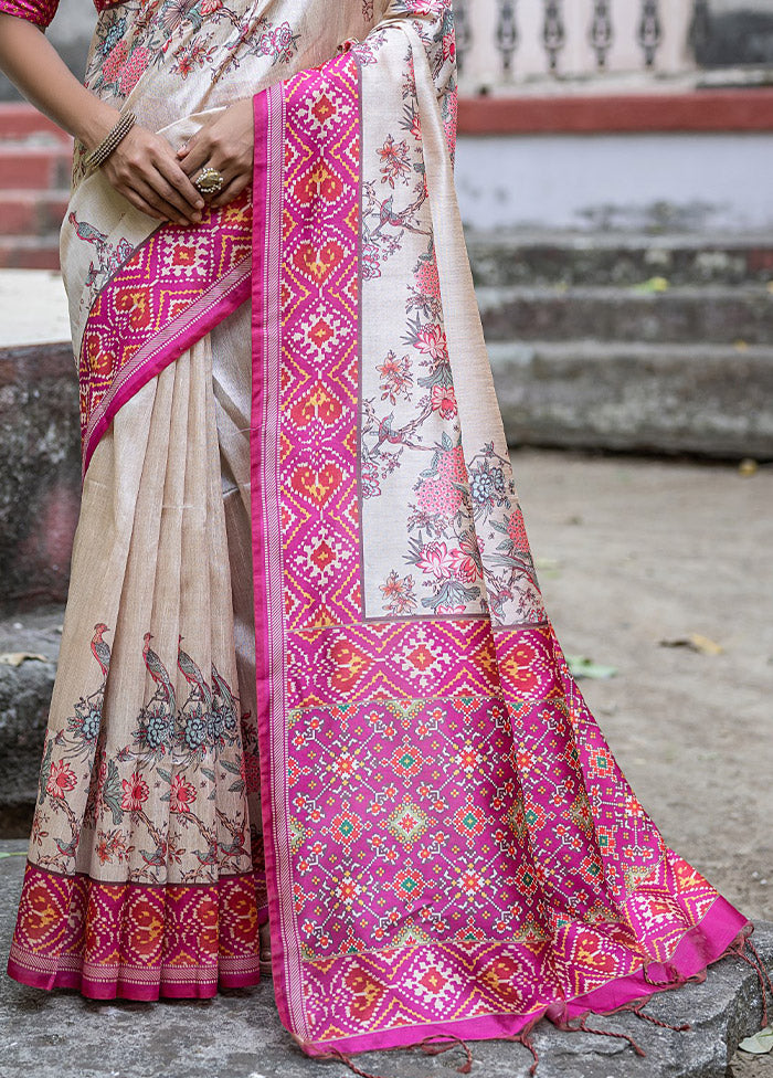 Pink Tussar Silk Saree With Blouse Piece