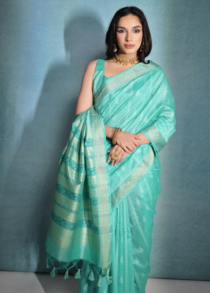 Sea Green Dupion Silk Saree With Blouse Piece