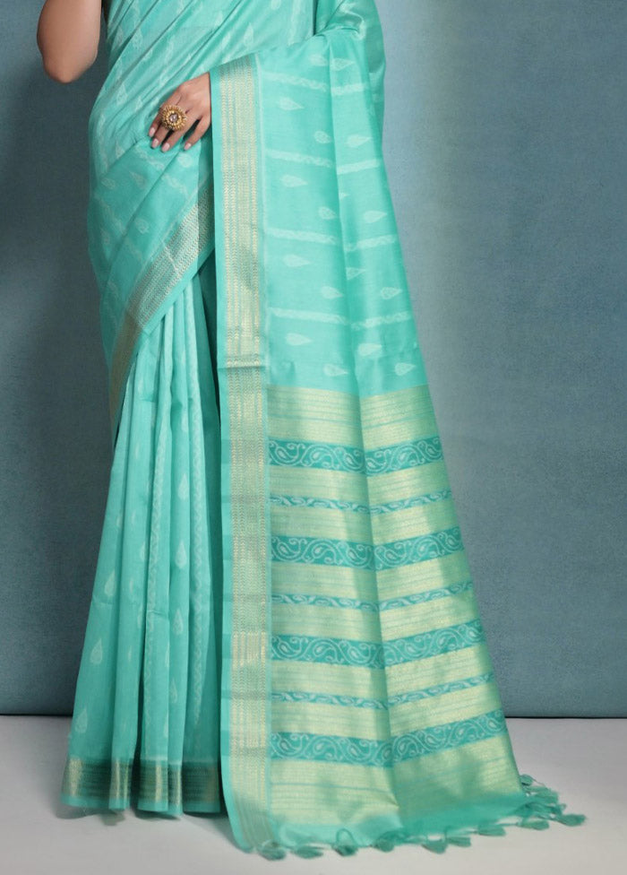 Sea Green Dupion Silk Saree With Blouse Piece