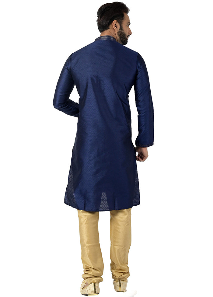 Navy Blue Silk Brocade Kurta And Pajama Set VDTOI229241