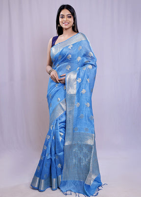 Blue Linen Silk Saree With Blouse Piece - Indian Silk House Agencies
