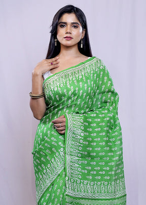 Green Printed Pure Silk Saree With Blouse Piece - Indian Silk House Agencies