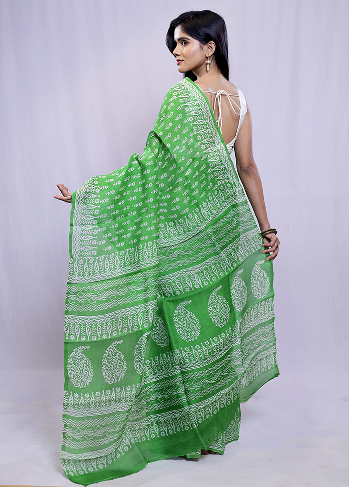 Green Printed Pure Silk Saree With Blouse Piece - Indian Silk House Agencies