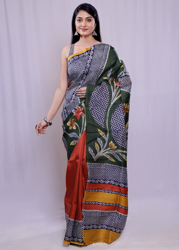 Green Printed Pure Silk Saree With Blouse Piece - Indian Silk House Agencies