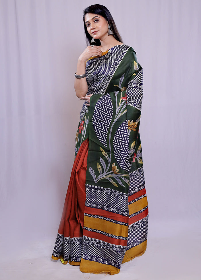 Green Printed Pure Silk Saree With Blouse Piece - Indian Silk House Agencies