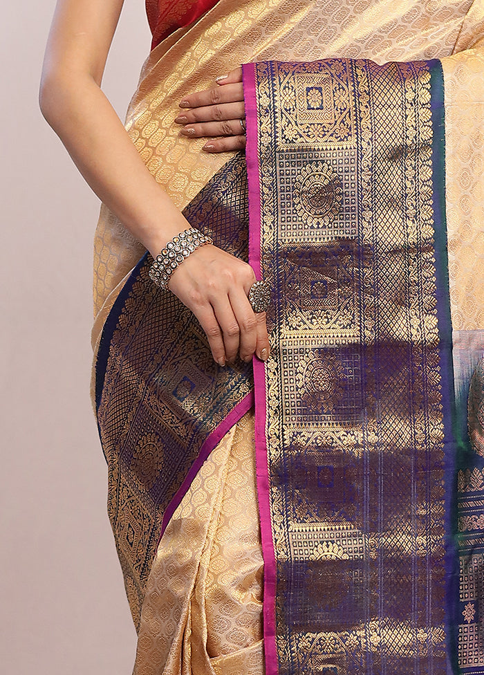 Cream Gadwal Pure Silk Saree Without Blouse Piece - Indian Silk House Agencies