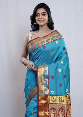 Blue Dupion Silk Saree With Blouse Piece - Indian Silk House Agencies