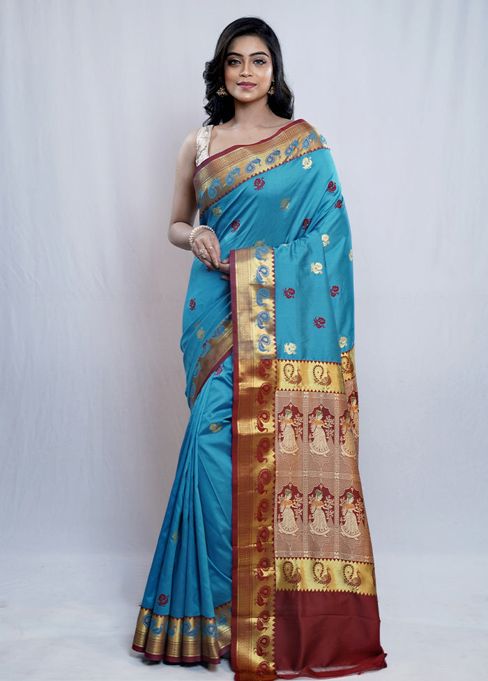 Blue Dupion Silk Saree With Blouse Piece - Indian Silk House Agencies