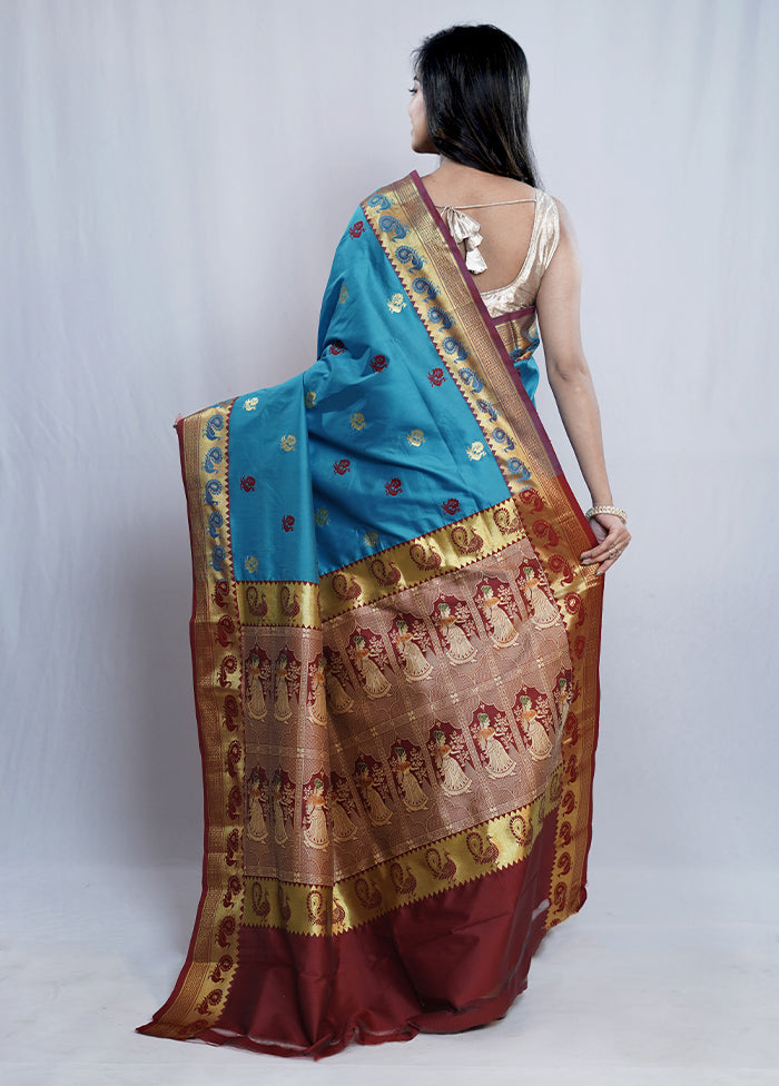 Blue Dupion Silk Saree With Blouse Piece - Indian Silk House Agencies