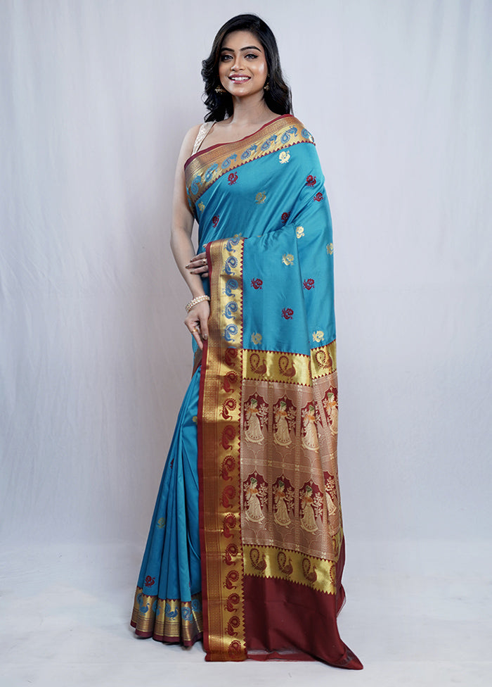 Blue Dupion Silk Saree With Blouse Piece - Indian Silk House Agencies