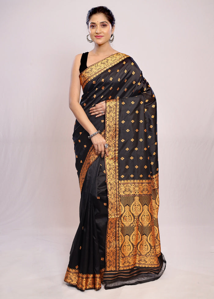 Black Assam Pure Silk Saree With Blouse Piece - Indian Silk House Agencies