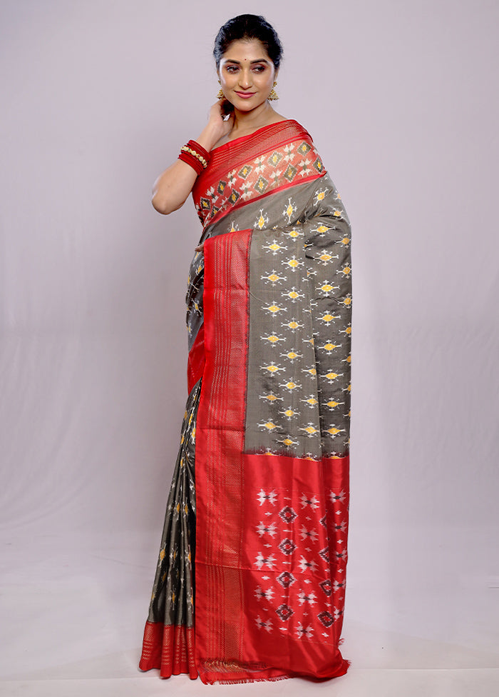 Grey Ikkat Pure Silk Saree With Blouse Piece - Indian Silk House Agencies