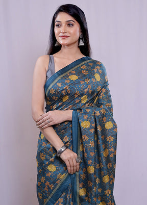 Blue Printed Pure Silk Saree With Blouse Piece - Indian Silk House Agencies