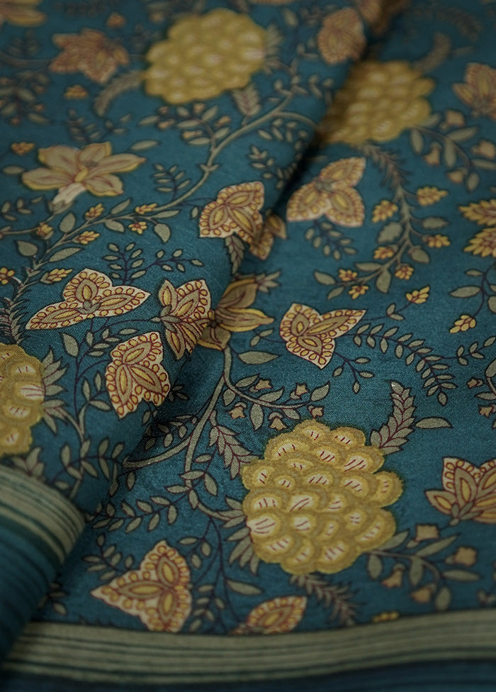 Blue Printed Pure Silk Saree With Blouse Piece - Indian Silk House Agencies