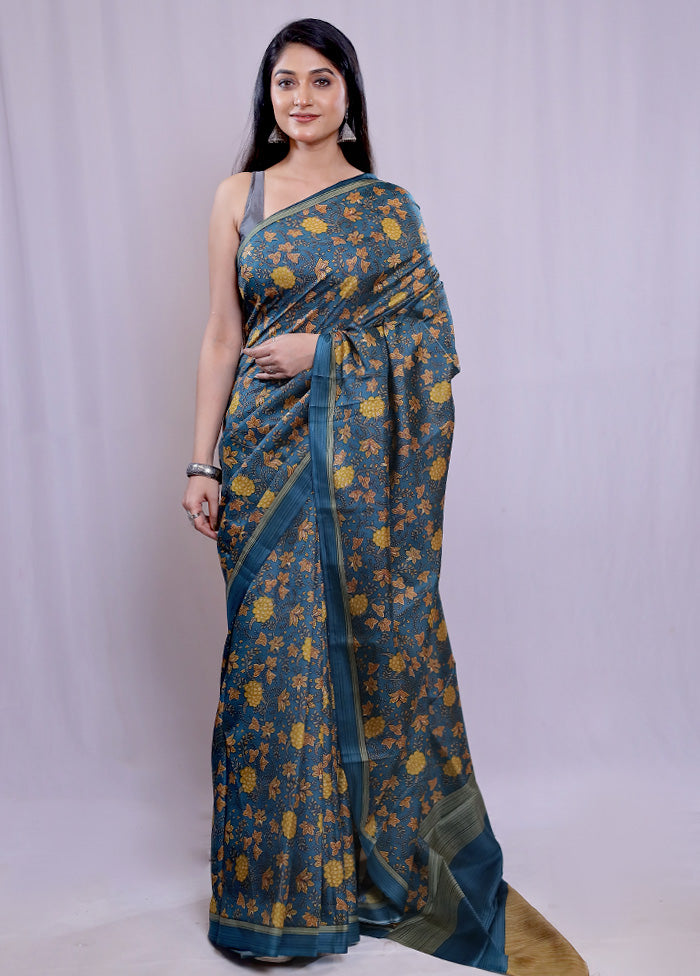 Blue Printed Pure Silk Saree With Blouse Piece - Indian Silk House Agencies