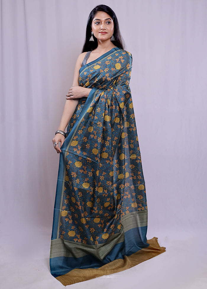 Blue Printed Pure Silk Saree With Blouse Piece - Indian Silk House Agencies