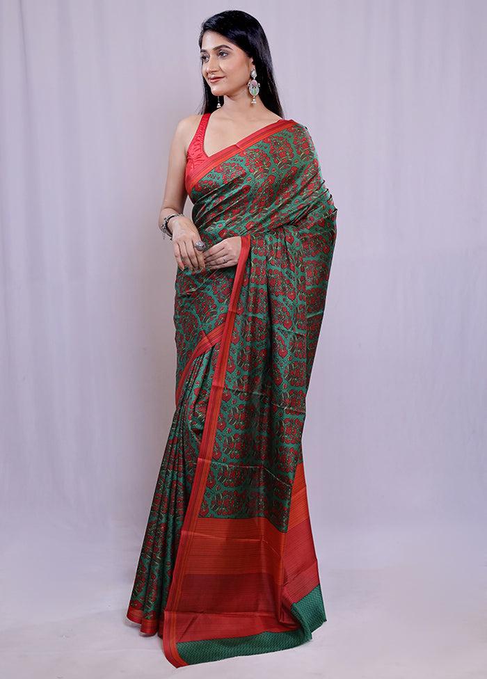 Green Printed Pure Silk Saree With Blouse Piece - Indian Silk House Agencies