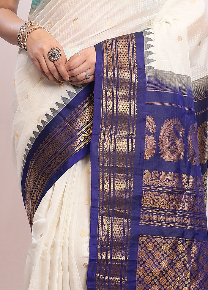 White Silk Cotton Gadwal Saree Without Blouse Piece - Indian Silk House Agencies