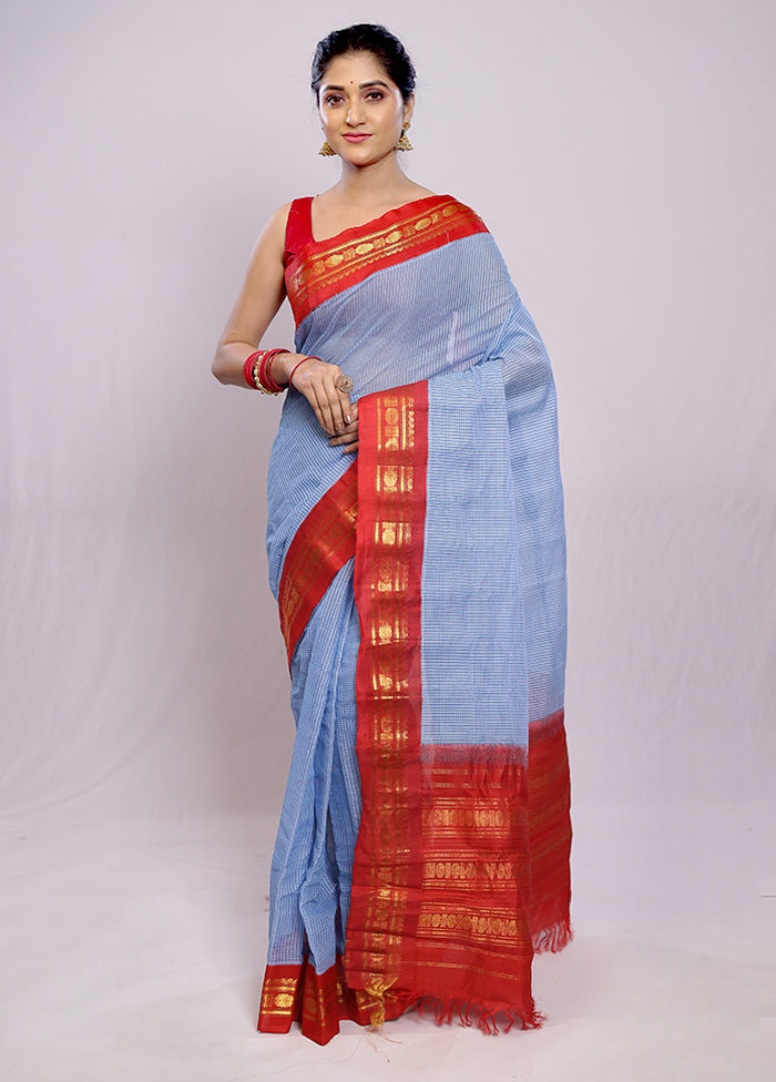 Blue Silk Cotton Gadwal Saree Without Blouse Piece - Indian Silk House Agencies