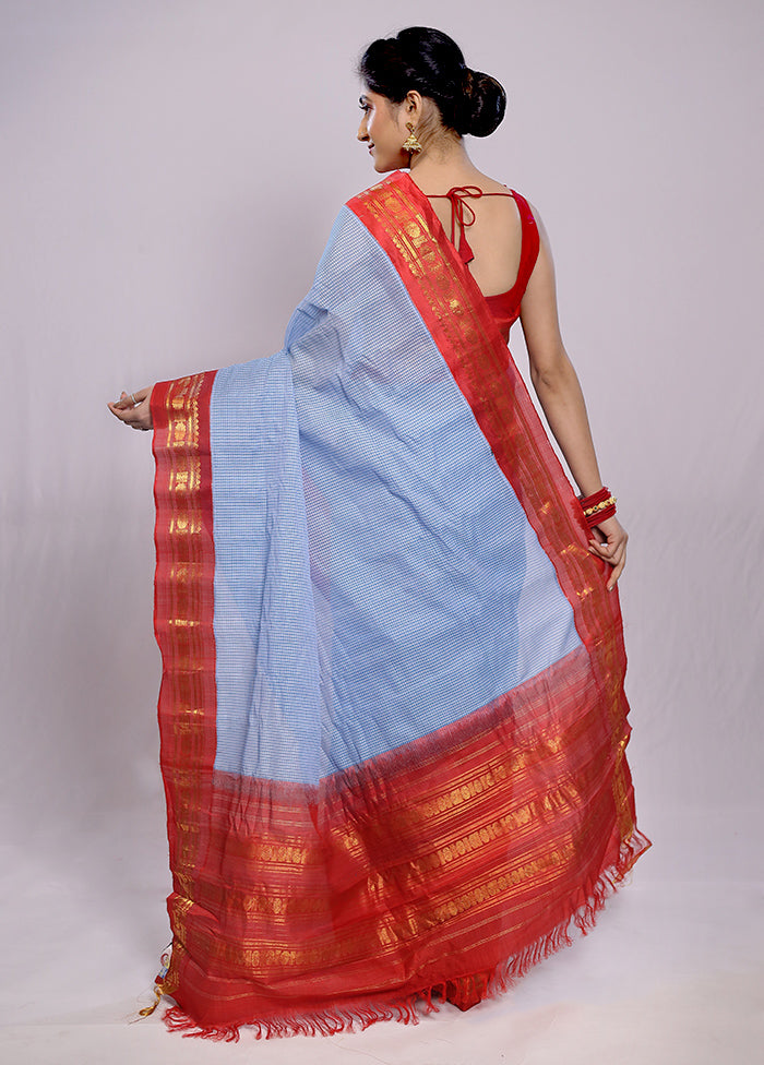 Blue Silk Cotton Gadwal Saree Without Blouse Piece - Indian Silk House Agencies