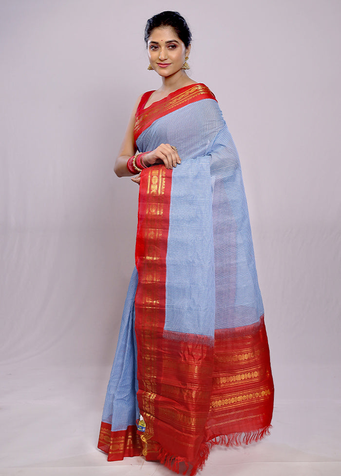 Blue Silk Cotton Gadwal Saree Without Blouse Piece - Indian Silk House Agencies