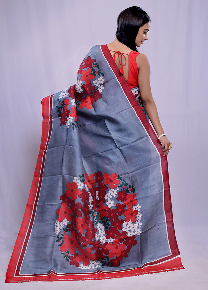 Grey Printed Pure Silk Saree With Blouse Piece - Indian Silk House Agencies