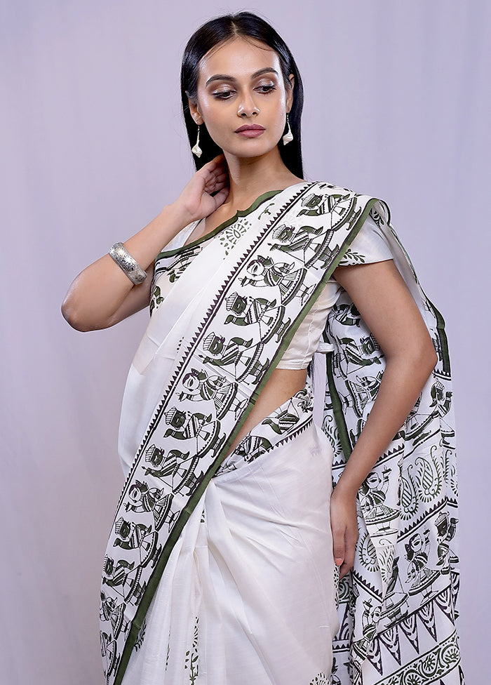 White Printed Pure Silk Saree With Blouse Piece - Indian Silk House Agencies