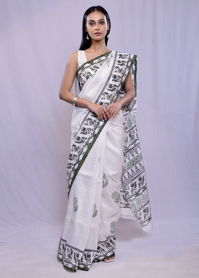 White Printed Pure Silk Saree With Blouse Piece - Indian Silk House Agencies